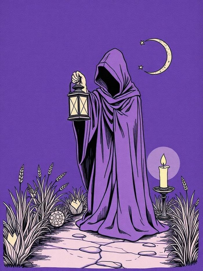 Illustration of a cloaked figure with a star lantern on a moonlit path