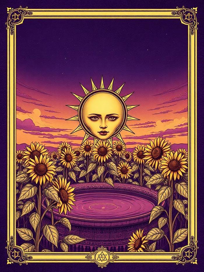 Illustration of a golden sun face rising over sunflowers
