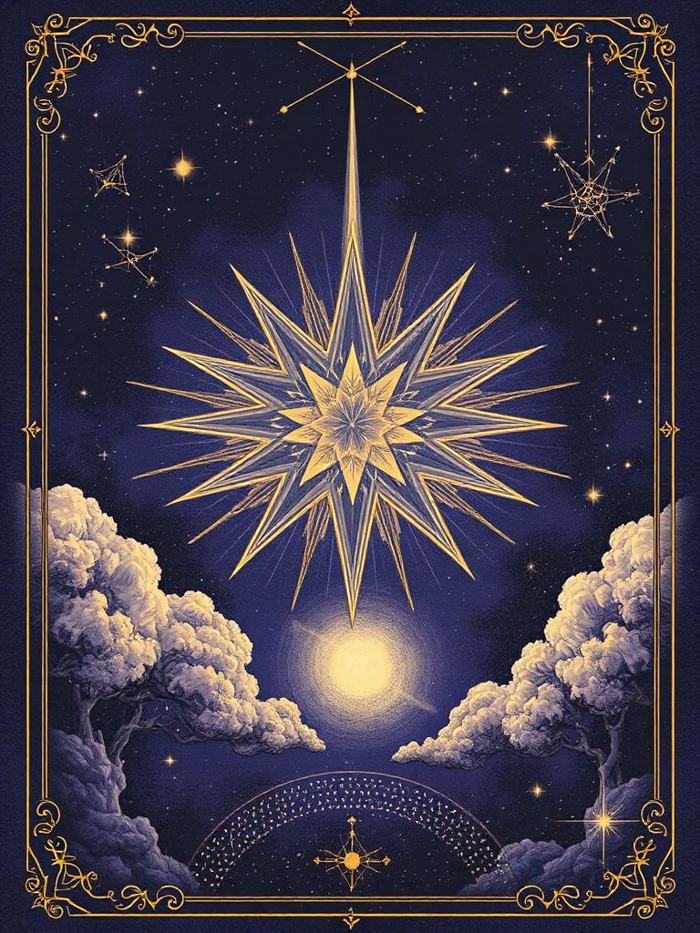 Illustration of a radiant eight-pointed star over constellations