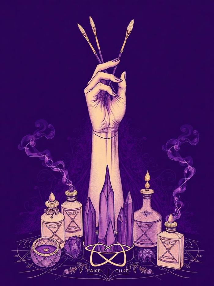 Illustration of a hand raising makeup brushes over an altar of crystals and vials