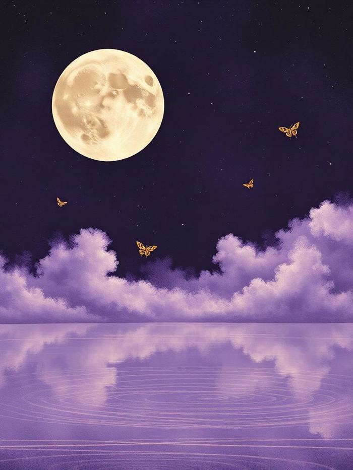 Illustration of a full moon over a misted lake with moths