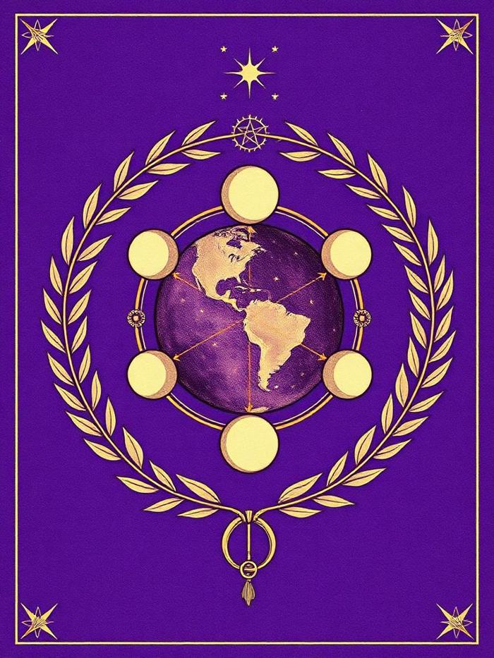 Illustration of a laurel wreath around a starry globe ringed with moon phases